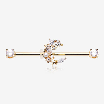 Golden Crescent Moon Celestial Sparkle Ends Industrial Barbell-Clear Gem